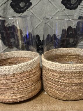 Glass hurricane pillar candleholders with hemp slip cover 6x9’ large set of 2